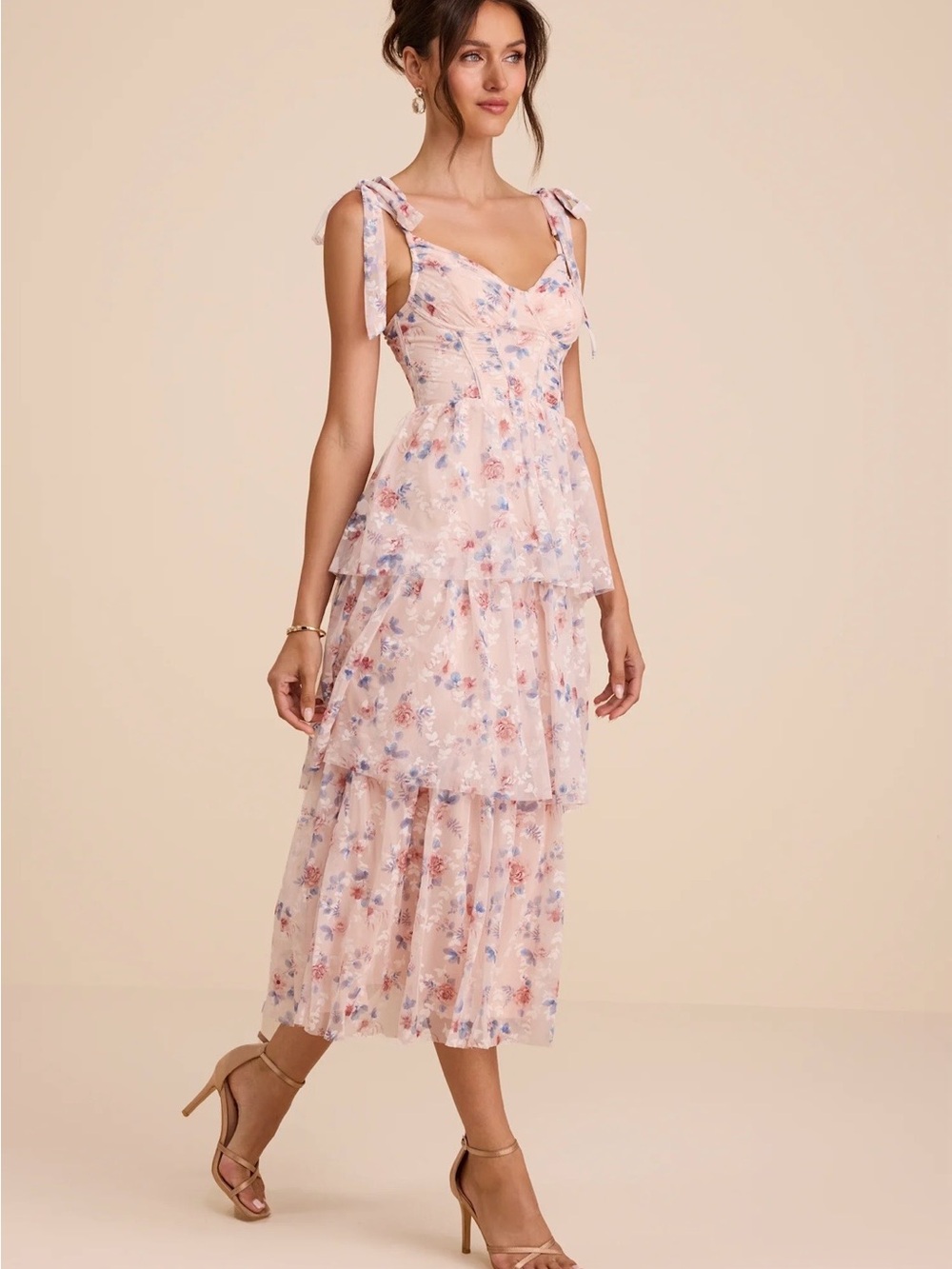 Lulu's Blush Pink Floral Mesh Bustier Tiered Midi Dress with Tie Shoulders